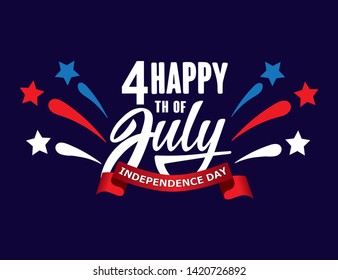 Happy fourth of July Independence day USA  handwritten phrase with stars and firework. Vector lettering illustration.