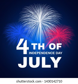 Happy Fourth of July. Independence Day of the United States, July 4th. Greeting card with inscription and firework on dark blue sky