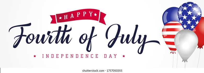 Happy Fourth of July, Independence Day USA calligraphy banner with flag in balloons. United States of America 4th of July text on colored balloons, sale vector Illustration