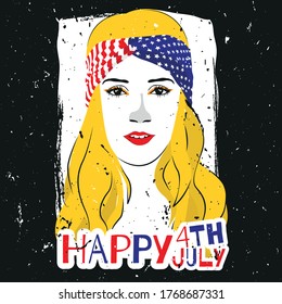 Happy Fourth of July. Independence Day in the USA is illustrated with a young woman wearing a head bandana with American flag.