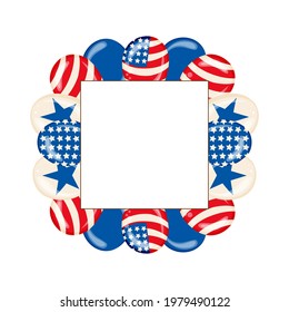Happy Fourth of July Independence Day Poster with Shiny USA Flag Colored Balloons on White Background with Square Frame. Vector illustration.