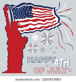 Happy fourth of july, independence day banner card. Statue of Liberty, American flag waving against firework