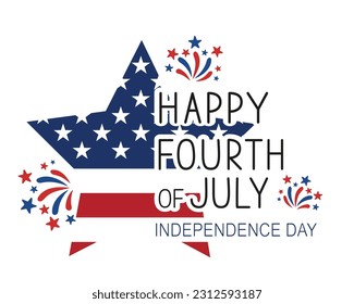 Happy Fourth of July Independence Day concept, patriotic banner, greeting card, poster. American flag, star and firework on white, national holiday, minimalistic vector.