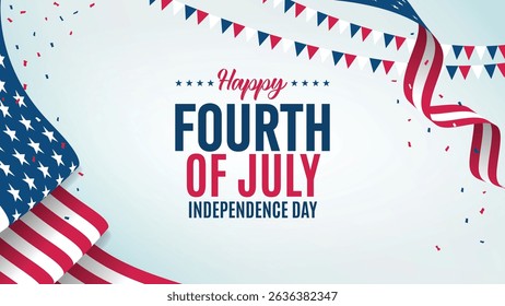 happy fourth of july independence day text on bright background, with american flag and ribbon. It is great for banner, poster, greeting card, etc.