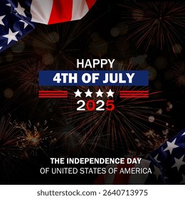 Happy Fourth of July Independence Day greeting card template with festive fireworks, bokeh effect and USA flag background. Elegant fourth of July illustration design. 