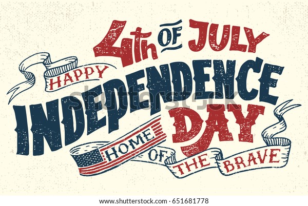 7月の4日目おめでとう 米国独立記念日 7月4日 勇者の故郷 テクスチャーのある手書きのグリーティングカード ビンテージタイポグラフィイラスト のベクター画像素材 ロイヤリティフリー