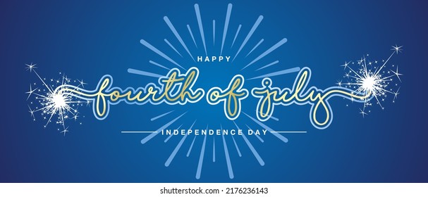 Happy fourth of July new beautiful gold handwritten lettering calligraphy, typography, USA Independence day text, sparkle firework, blue background banner