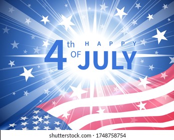 Happy Fourth of July poster. Usa Independence Day celebration. American national holiday. Invitation template with stars firework and waving us flag on glowing background. Vector illustration