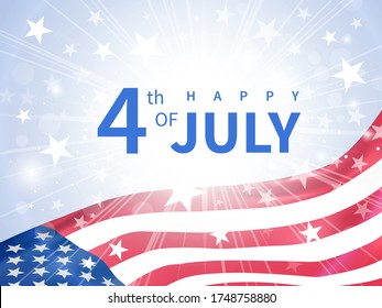 Happy Fourth of July poster. Usa Independence Day celebration. American national holiday. Invitation template with text and waving us flag on glowing sky background. Vector illustration