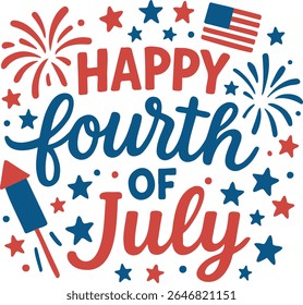 Happy fourth of July text with fireworks, flags, and star decorations for independence day on transparent background
