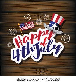 Happy Fourth of July Uncle Sam hat, fireworks and flag on wood background. EPS 10 vector.