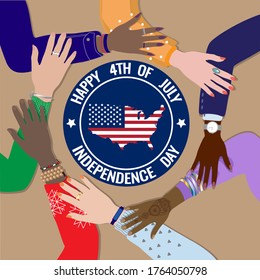 Happy Fourth of July, United States of America Independence Day celebrating vector banner. Diverse skin colors american people hands together, top view, USA map, flag. Freedom, equality, patriotism.