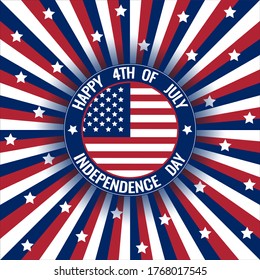 Happy Fourth of July United States of America Independence Day celebrating round sign. Text around USA flag. Freedom, equality symbol. Flat vector design for emblem, label, sticker. Vintage background