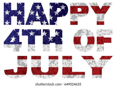 Happy Fourth of July USA Flag and Text Outline with Grunge Texture vector Illustration