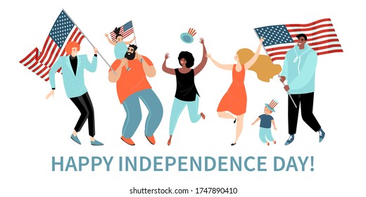 Happy Fourth of July. USA Independence Day greeting banner template with cheerful adults and kids with America flags. Vector illustration in a flat style.