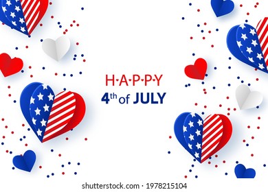 Happy Fourth of July. USA Independence Day background with American flags in heart shape and confetti. Template for greeting card, banner, invitation, poster, flyer. Vector illustration