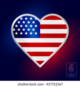 Happy fourth of July. Vector badge in heart shape for American Independence Day on dark background