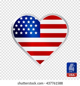 Happy fourth of July. Vector emblem in heart shape for American Independence Day on transparent background