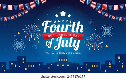 Happy Fourth of July vector illustration. Fireworks light up night sky in downtown