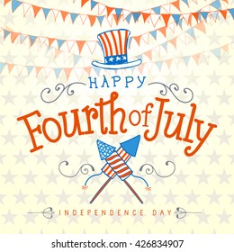 Happy Fourth Of July. Vector Illustration With Hand Lettered Text, Hat, Fireworks And Ornaments.