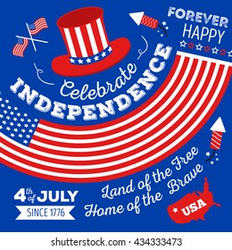 Happy fourth of July. Vector set of design elements for American Independence Day on blue background. Vector Illustration.

