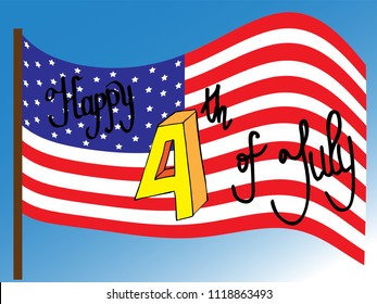 Happy fouth of July handwritten phrase on American flag. Vector lettering.