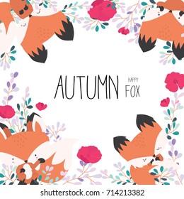 Happy fox in autumn with flower