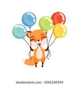 Happy fox character holding bundles of colorful balloons, funny forest animal vector Illustration on a white background