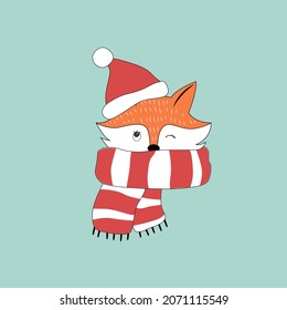 Happy fox at Christmas day. Animal flat clipart. Modern poster for prints, kids cards, t-shirts.