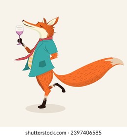 Happy fox drinking wine.Kids Vector Fairy tales characters.