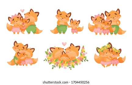 Happy Fox Family with Father Fox Walking with His Little Cub Vector Set