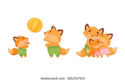 Happy Fox Family with Mother and Father Loving Their Little Cub Playing Ball Vector Set