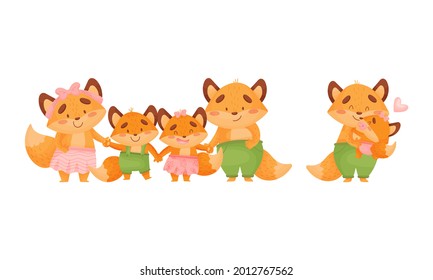 Happy Fox Family with Mother and Father Loving Their Little Cub Holding Hands Vector Set