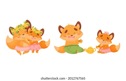 Happy Fox Family with Mother and Father Loving Their Little Cub Dancing and Drinking Tea Vector Set