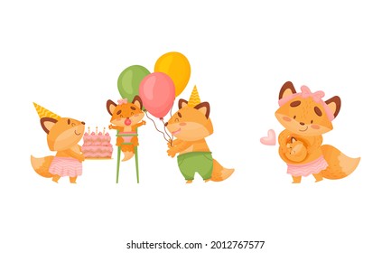 Happy Fox Family with Mother and Father Loving Their Little Cub Celebrating Birthday Vector Set
