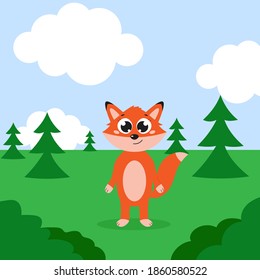 Happy fox in a forest. Vector cartoon illustration. Isolated. Cute character in the flat style.