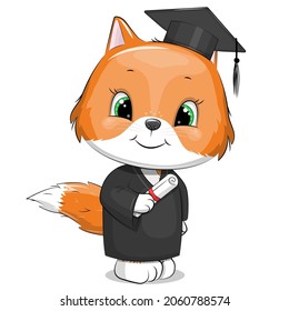 Happy fox in a graduation dress and a cap. Cute cartoon vector illustration on white background.