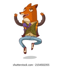 A Happy Fox Guy, isolated vector illustration. A humanized fox, hovering in the air. Trendy dressed anthropomorphic fox jumping with joy. A moment of happiness. An animal character with a human body