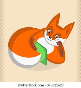 Happy fox looking at the tablet and smiles. Vector illustration made in a cartoon style