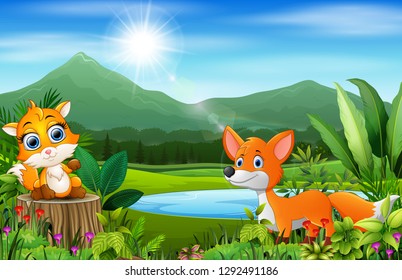 Happy fox on the beautiful nature