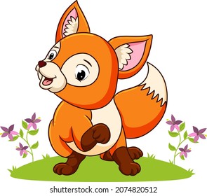 The happy fox is playing in the garden full of flowers of illustration