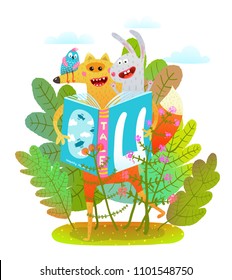 Happy Fox Rabbit and Bird Reading Book in Forest. Funny animals in nature reading books. Vector cartoon.