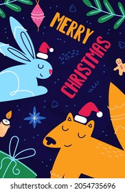 Fröhlicher Fuchs und Kaninchen mit festlichen Dingen. Fröhliche Weihnachtsvorlage von Karte, Poster, Flyer. Alles Gute zum Neujahr, süße Cartoon-Illustration. Vektorkunst