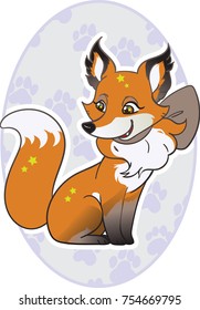 Happy fox with ribbon sitting in winter scene
