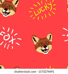 Happy fox seamless pattern on red background. Vector illustration. Funny text, quote fox and lucky. Animal mask. Paper, textile design. Zoo, wildlife, pets. Childish.