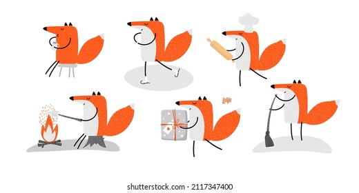 Happy Fox Set. Cartoon Funny Red Fox. Fox Drinks Tea, Ice Skates, Cleans, Roasts Marshmellow, Gives Gifts. Colored Vector Illustration On White Background For Greeting Card, Poster, Congratulations.