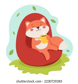 Happy Fox sits in an armchair with a cup of hot coffee or chocolate. Indoor activity. Cute vector illustration in flat style.