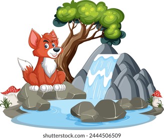 A happy fox sitting near a small waterfall.