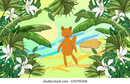 Happy fox in the tropics on the beach background. Vector drawn exotic flowers and leaves.