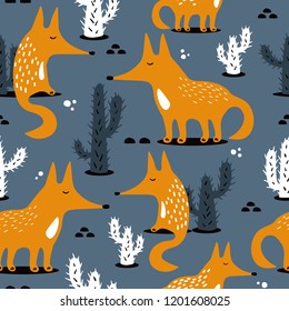 Happy foxes and cacti, hand drawn backdrop. Colorful seamless pattern with animals. Decorative cute wallpaper, good for printing. Overlapping background vector. Design illustration